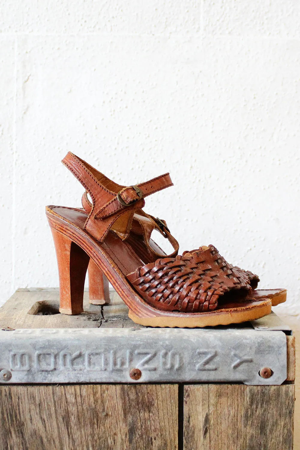 70s Wood Woven Sandals 7 1/2