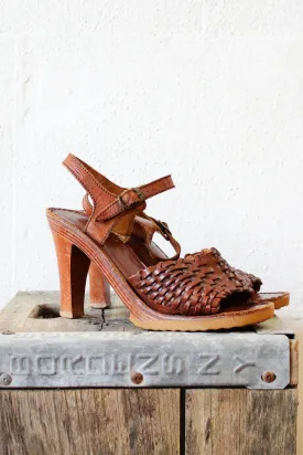 70s Wood Woven Sandals 7 1/2