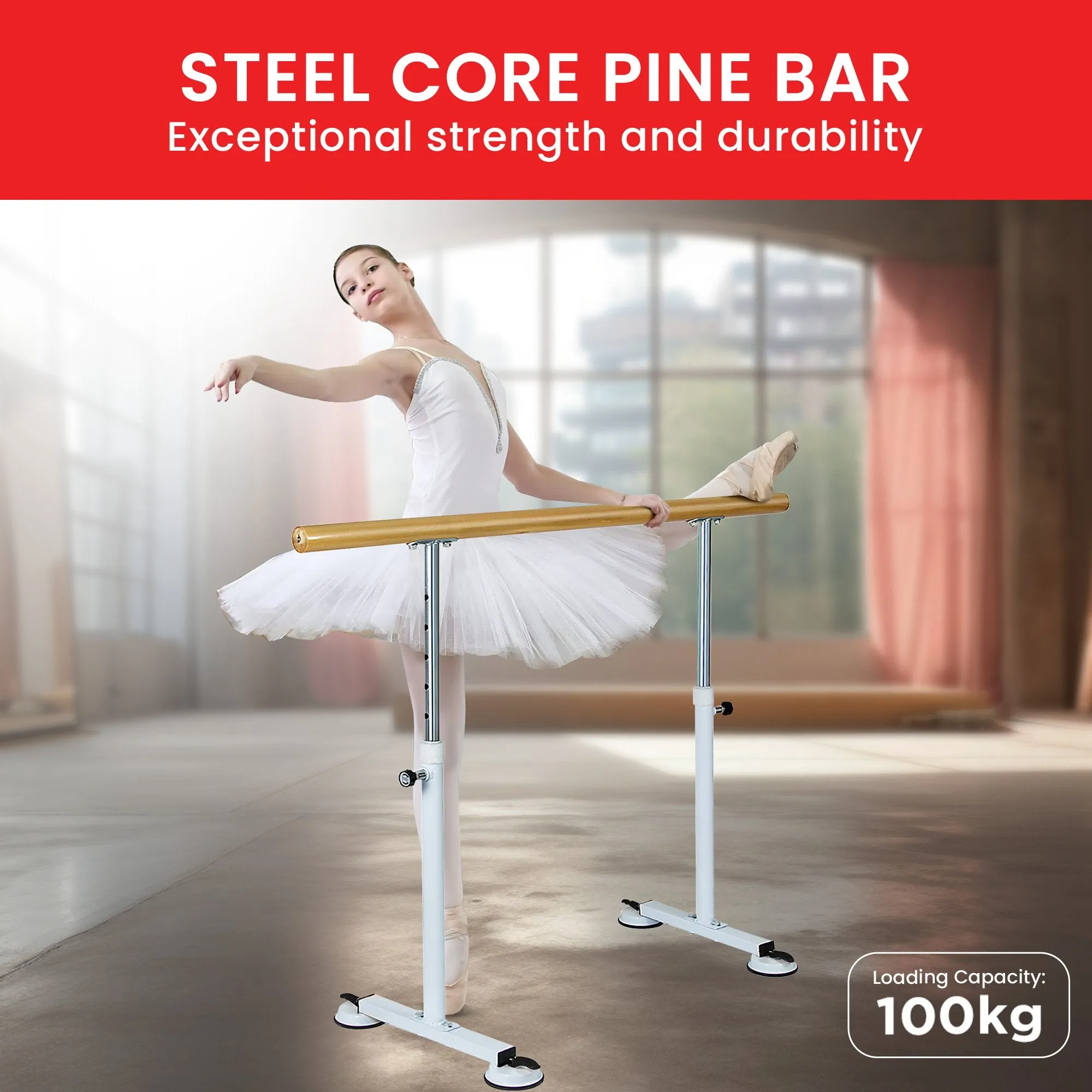 Adjustable Pine Ballet Barre with Steel Legs, 1.5m - Powertrain