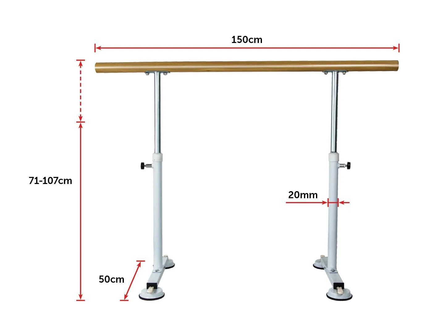 Adjustable Wooden Ballet Bar, Suction Base, 1.5M Freestanding