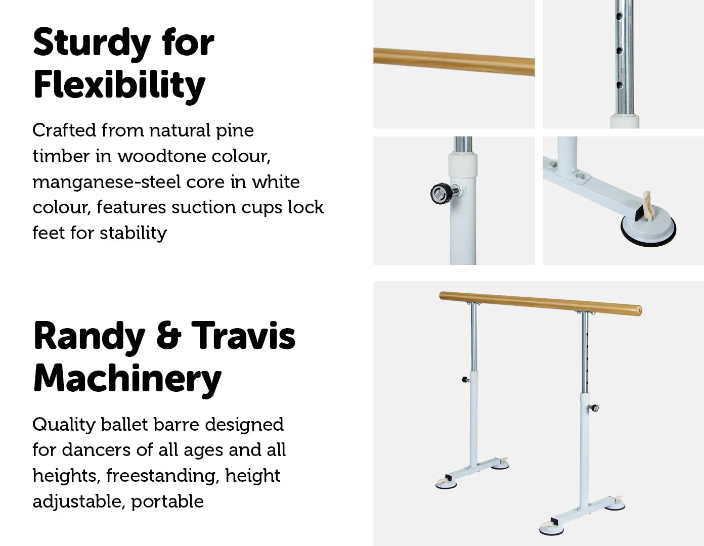 Adjustable Wooden Ballet Bar, Suction Base, 1.5M Freestanding