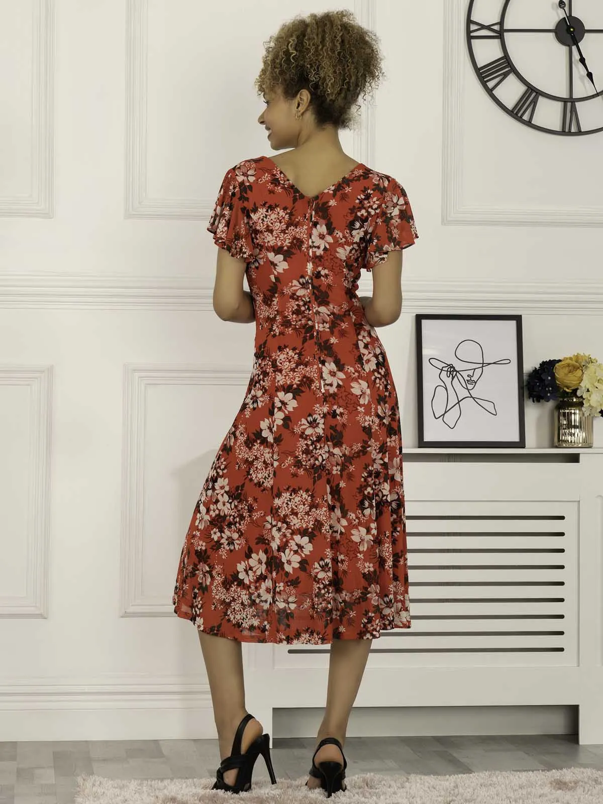 Colette Fit & Flare Mesh Dress, Red Floral