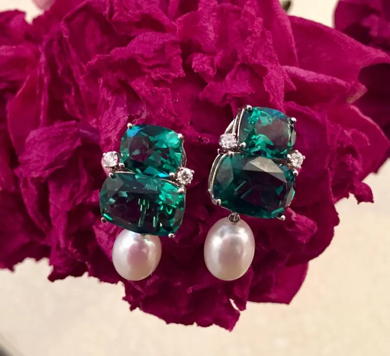 Double Cushion Green Amethyst Stone Earrings with Detachable Pearls