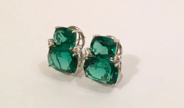 Double Cushion Green Amethyst Stone Earrings with Detachable Pearls