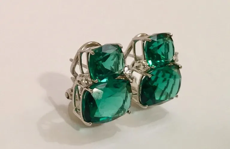 Double Cushion Green Amethyst Stone Earrings with Detachable Pearls