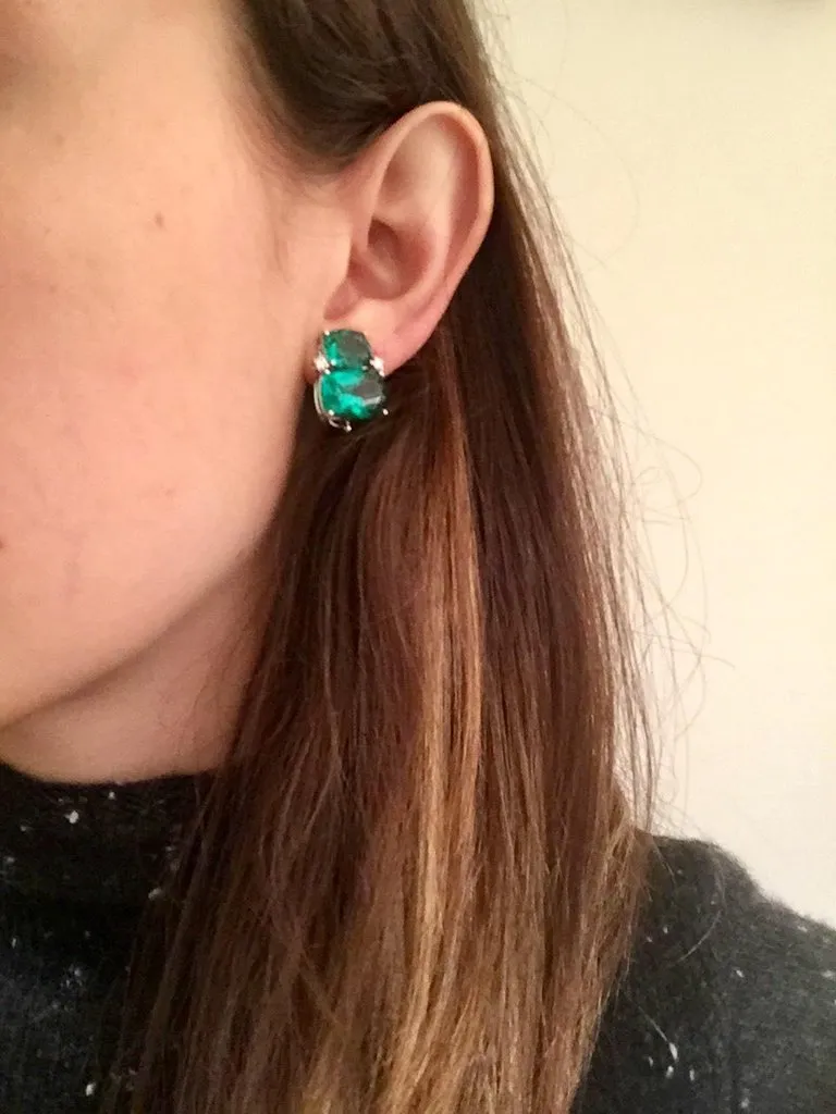 Double Cushion Green Amethyst Stone Earrings with Detachable Pearls