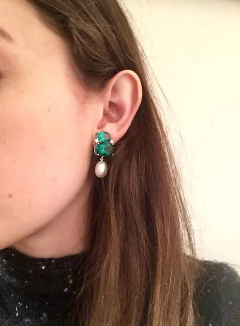 Double Cushion Green Amethyst Stone Earrings with Detachable Pearls