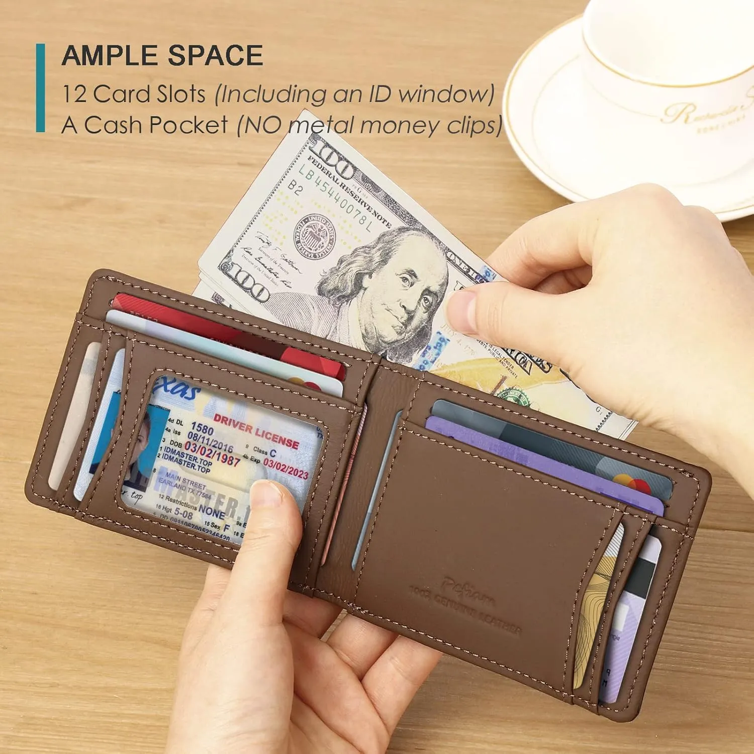 Full Grain Leather Wallets for Men, Bifold Wallets for Men, Mens Leather Wallets with 12 Slots, RFID Blocking, Gifts for Men (USA Flag, Red)