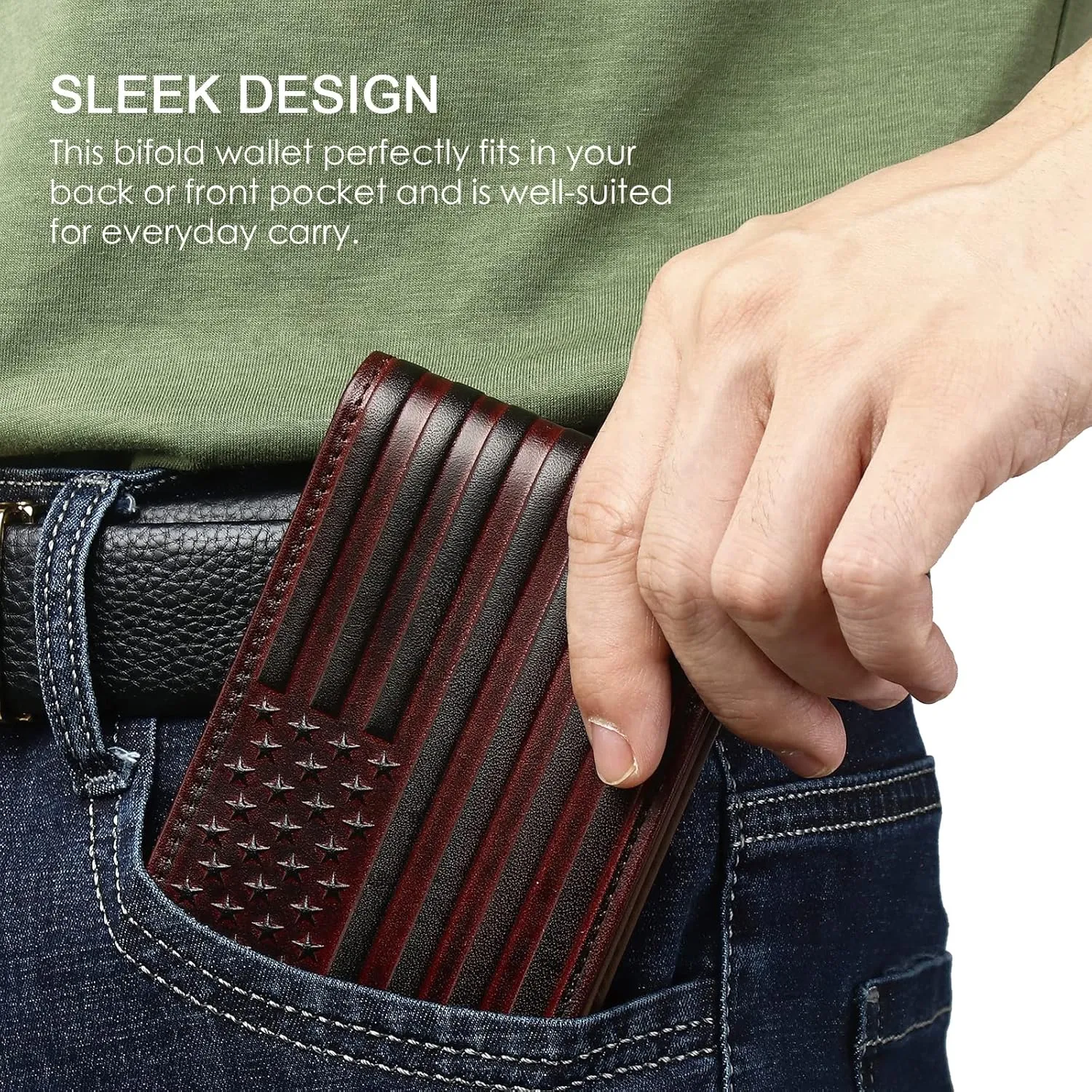 Full Grain Leather Wallets for Men, Bifold Wallets for Men, Mens Leather Wallets with 12 Slots, RFID Blocking, Gifts for Men (USA Flag, Red)