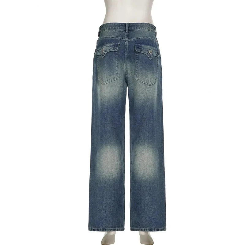 Harajuku Korean Basic Baggy Jeans Women Distressed Pockets Denim Trousers Japanese Y2K Straight Leg Capris Pants Chic