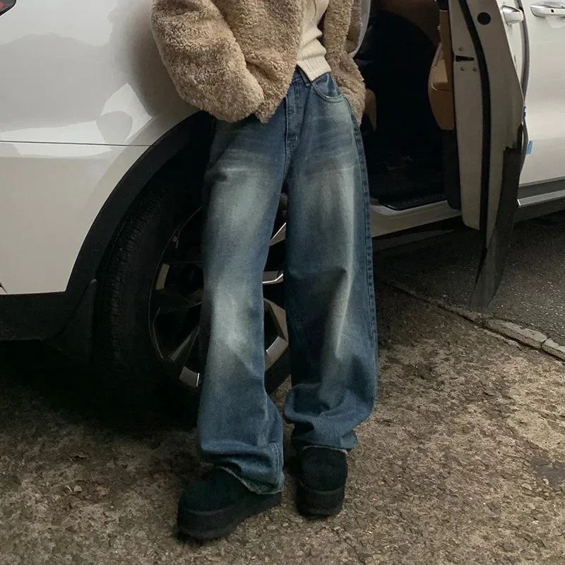 Harajuku Korean Basic Baggy Jeans Women Distressed Pockets Denim Trousers Japanese Y2K Straight Leg Capris Pants Chic