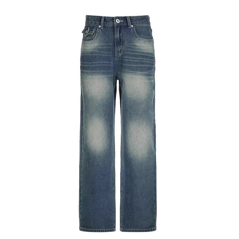 Harajuku Korean Basic Baggy Jeans Women Distressed Pockets Denim Trousers Japanese Y2K Straight Leg Capris Pants Chic