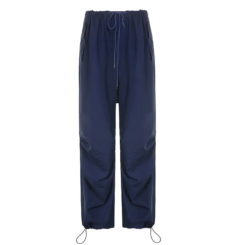 KittenAlarm - Mojoyce Streetwear Drawstring Low Waist Casual Blue Women's Pants Harajuku Baggy Trousers Hip Hop Wide Leg Capris Summer Chic