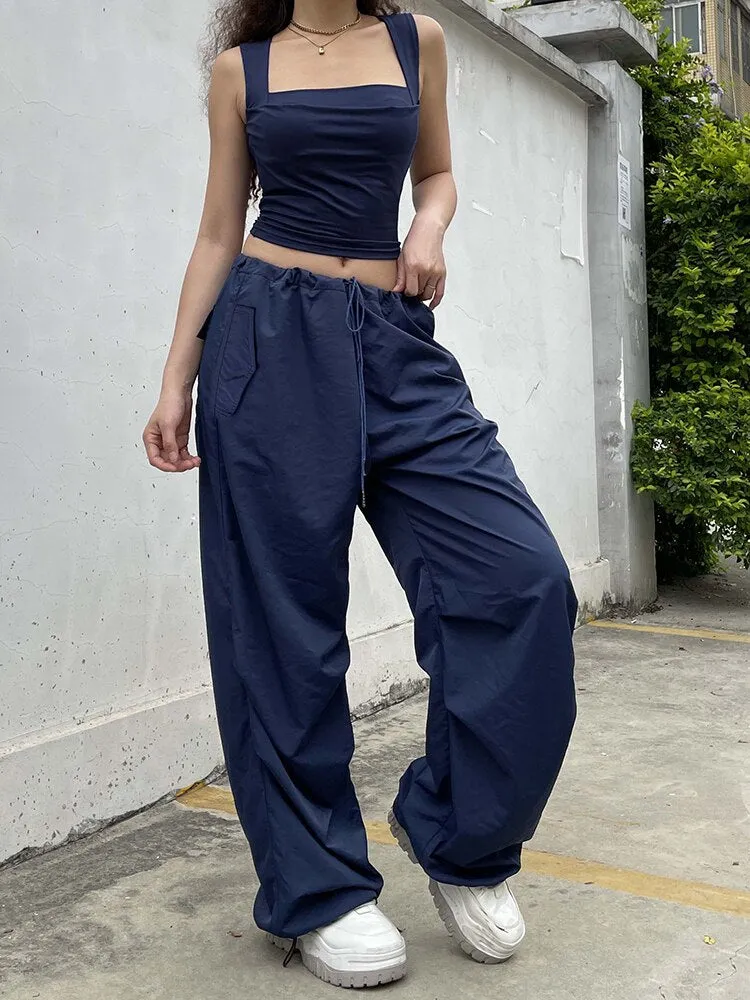 KittenAlarm - Mojoyce Streetwear Drawstring Low Waist Casual Blue Women's Pants Harajuku Baggy Trousers Hip Hop Wide Leg Capris Summer Chic