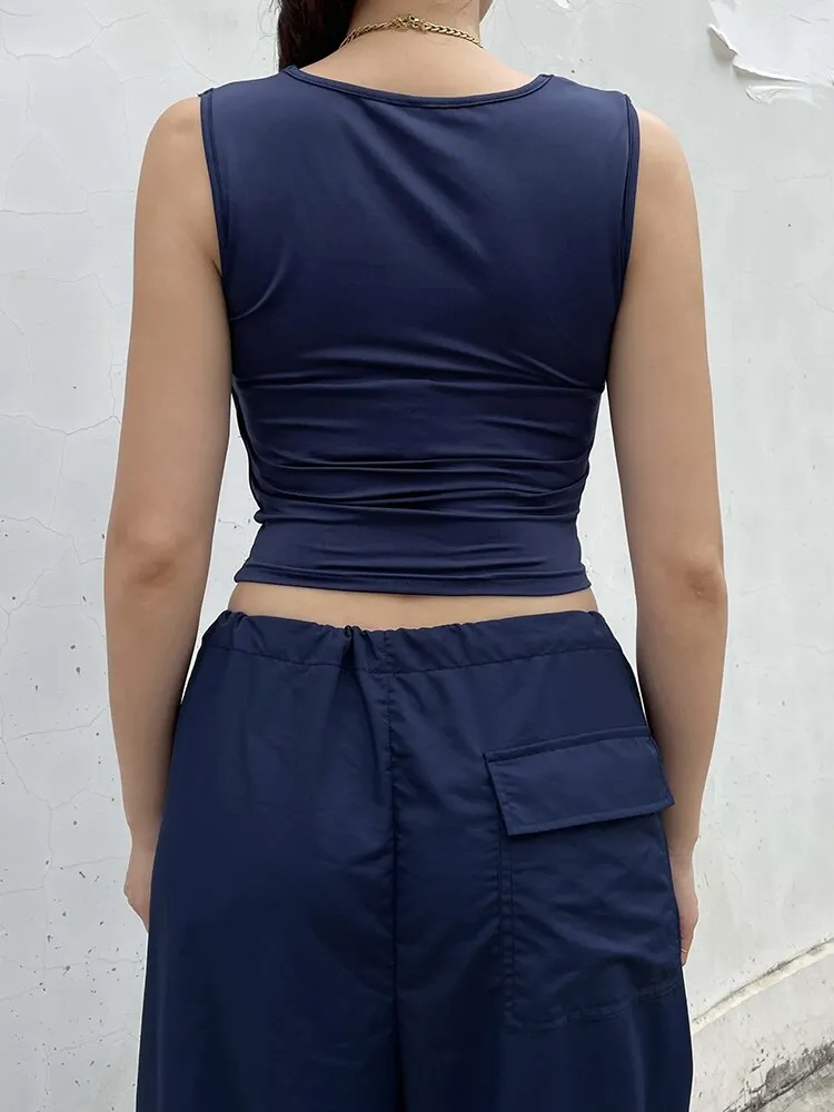 KittenAlarm - Mojoyce Streetwear Drawstring Low Waist Casual Blue Women's Pants Harajuku Baggy Trousers Hip Hop Wide Leg Capris Summer Chic