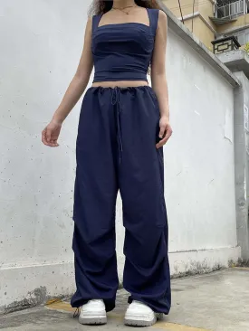 KittenAlarm - Mojoyce Streetwear Drawstring Low Waist Casual Blue Women's Pants Harajuku Baggy Trousers Hip Hop Wide Leg Capris Summer Chic
