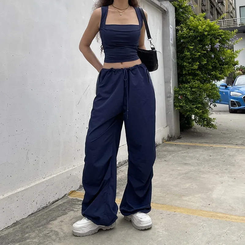 KittenAlarm - Mojoyce Streetwear Drawstring Low Waist Casual Blue Women's Pants Harajuku Baggy Trousers Hip Hop Wide Leg Capris Summer Chic