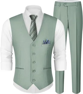 MAGE MALE Men's Linen 2 Piece Suit Slim Fit Wedding Groomsmen Summer Vest Pants Set with Pocket Square