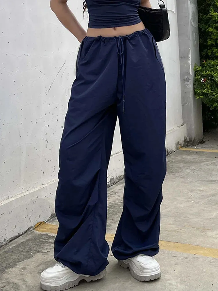 Streetwear Drawstring Low Waist Casual Blue Women's Pants Harajuku Baggy Trousers Hip Hop Wide Leg Capris Summer Chic