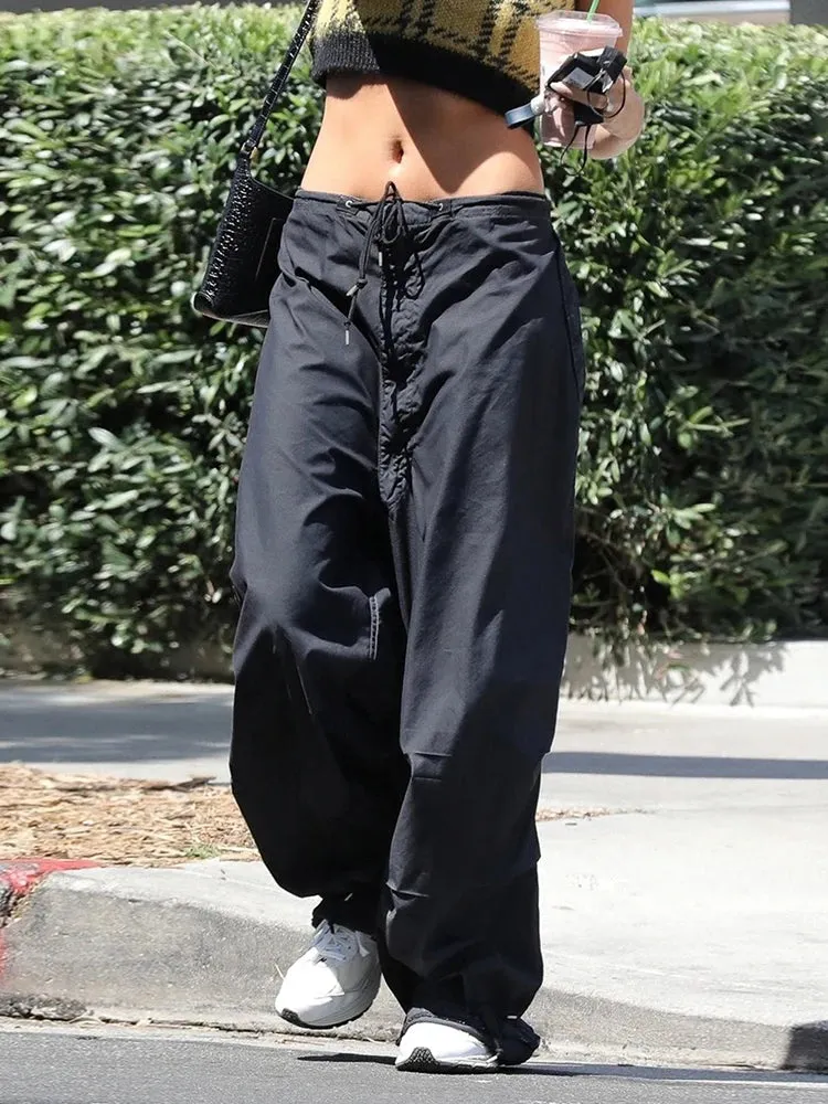Streetwear Drawstring Low Waist Casual Blue Women's Pants Harajuku Baggy Trousers Hip Hop Wide Leg Capris Summer Chic