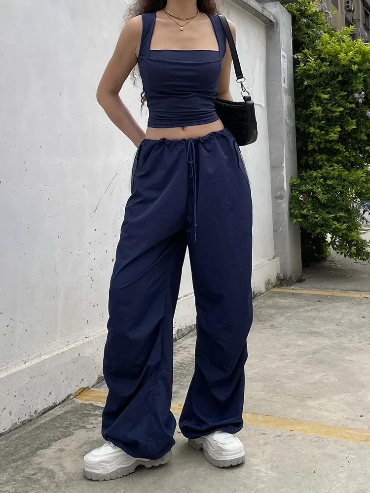 Streetwear Drawstring Low Waist Casual Blue Women's Pants Harajuku Baggy Trousers Hip Hop Wide Leg Capris Summer Chic
