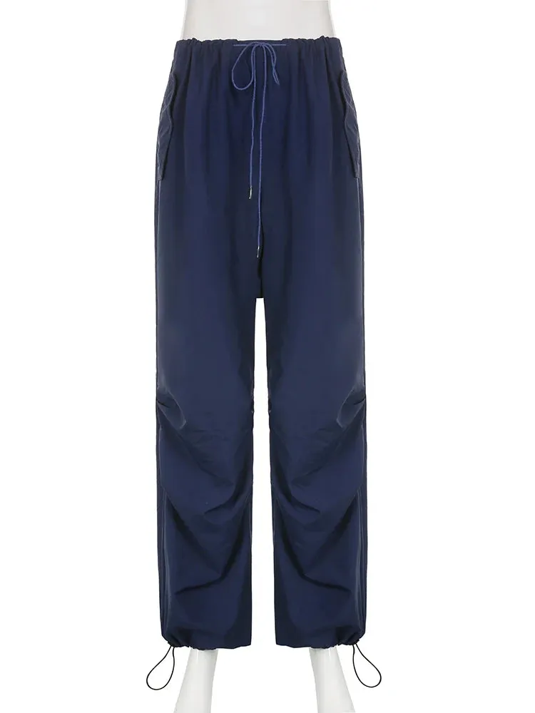 Streetwear Drawstring Low Waist Casual Blue Women's Pants Harajuku Baggy Trousers Hip Hop Wide Leg Capris Summer Chic
