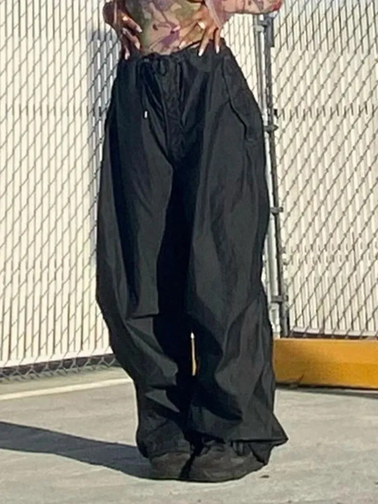 Streetwear Drawstring Low Waist Casual Blue Women's Pants Harajuku Baggy Trousers Hip Hop Wide Leg Capris Summer Chic
