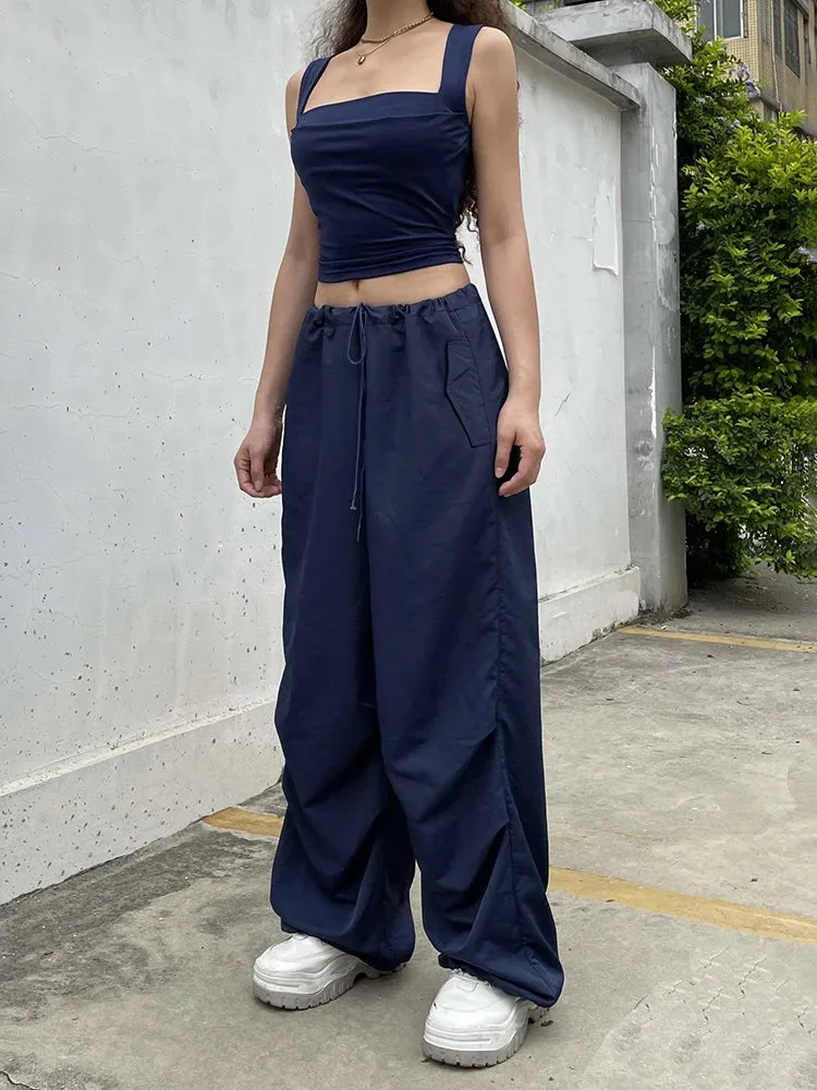 Streetwear Drawstring Low Waist Casual Blue Women's Pants Harajuku Baggy Trousers Hip Hop Wide Leg Capris Summer Chic
