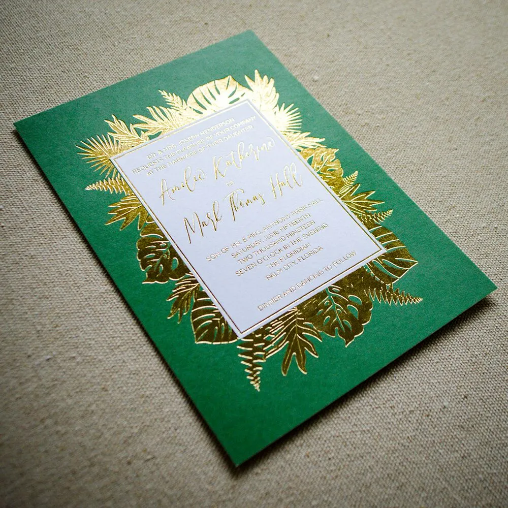 Striking Palm Leaf Goil Foil Printed Wedding Invitations