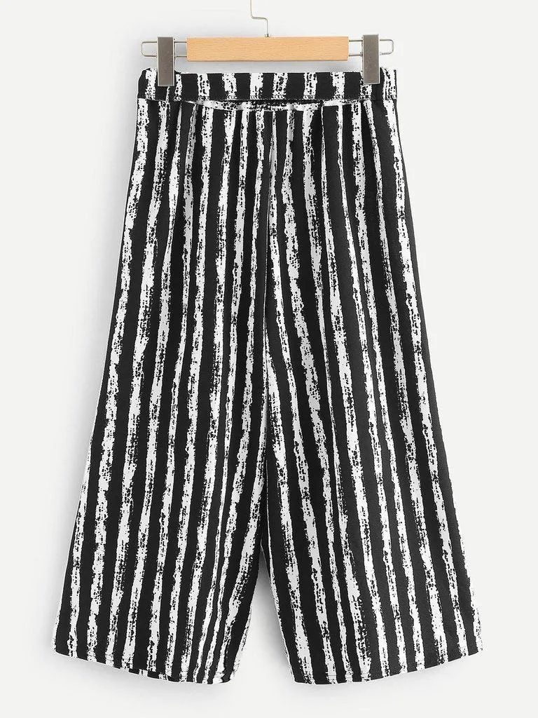 Vertical-Stripe Self Tie Wide Leg Pants
