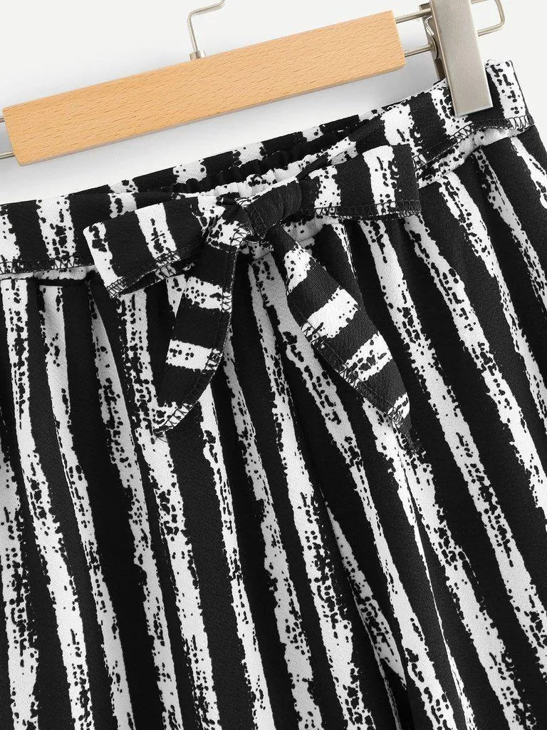Vertical-Stripe Self Tie Wide Leg Pants