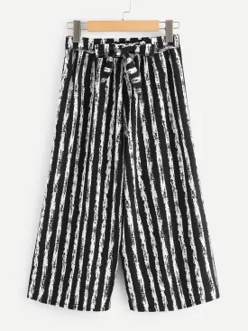 Vertical-Stripe Self Tie Wide Leg Pants