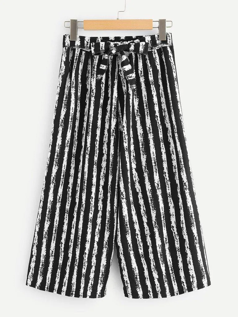 Vertical-Stripe Self Tie Wide Leg Pants