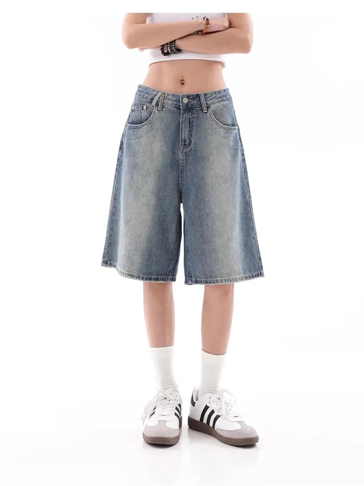 Women's Wide Leg Gradient Blue Retro Denim Shorts Unisex Style Capris Summer Female High Waist Loose Short Jeans