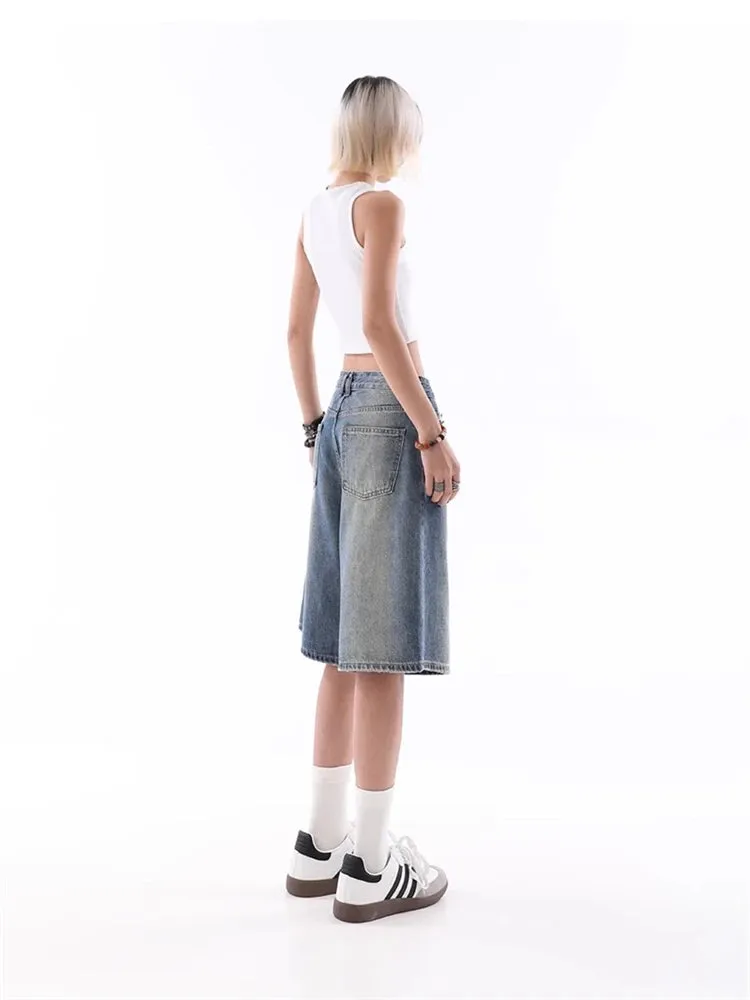 Women's Wide Leg Gradient Blue Retro Denim Shorts Unisex Style Capris Summer Female High Waist Loose Short Jeans