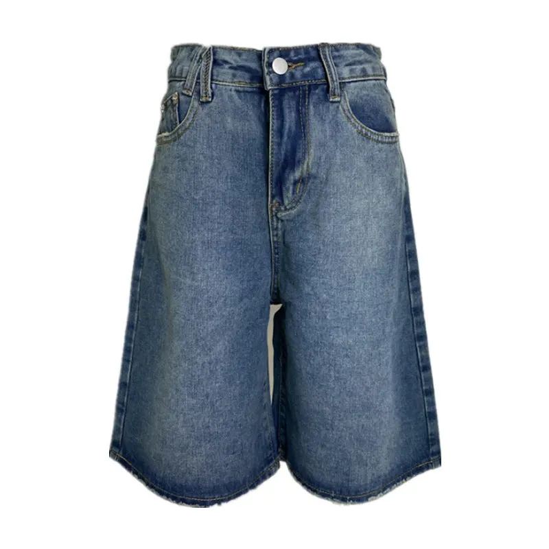 Women's Wide Leg Gradient Blue Retro Denim Shorts Unisex Style Capris Summer Female High Waist Loose Short Jeans