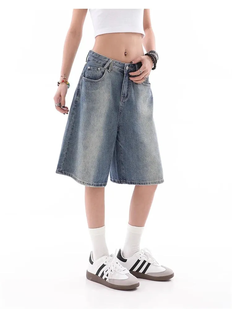 Women's Wide Leg Gradient Blue Retro Denim Shorts Unisex Style Capris Summer Female High Waist Loose Short Jeans