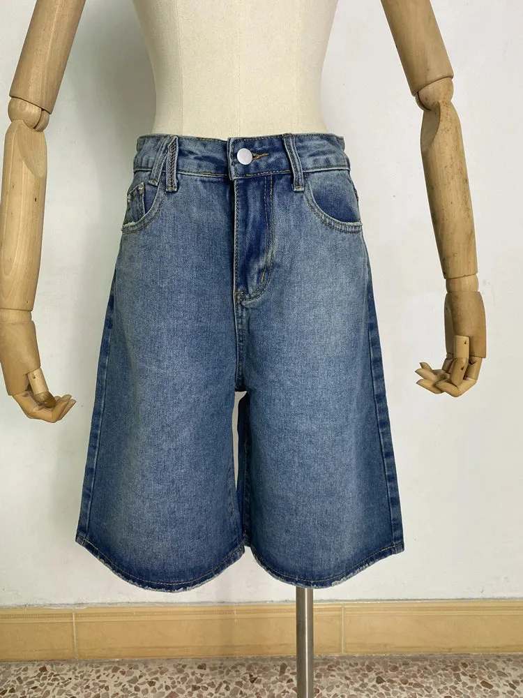 Women's Wide Leg Gradient Blue Retro Denim Shorts Unisex Style Capris Summer Female High Waist Loose Short Jeans