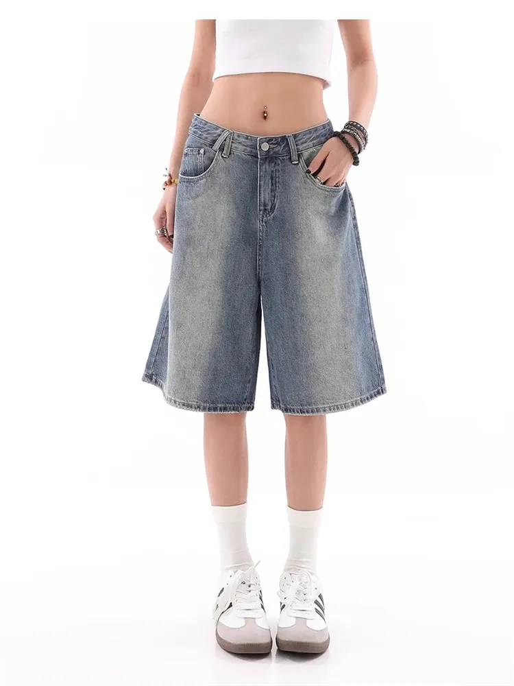 Women's Wide Leg Gradient Blue Retro Denim Shorts Unisex Style Capris Summer Female High Waist Loose Short Jeans